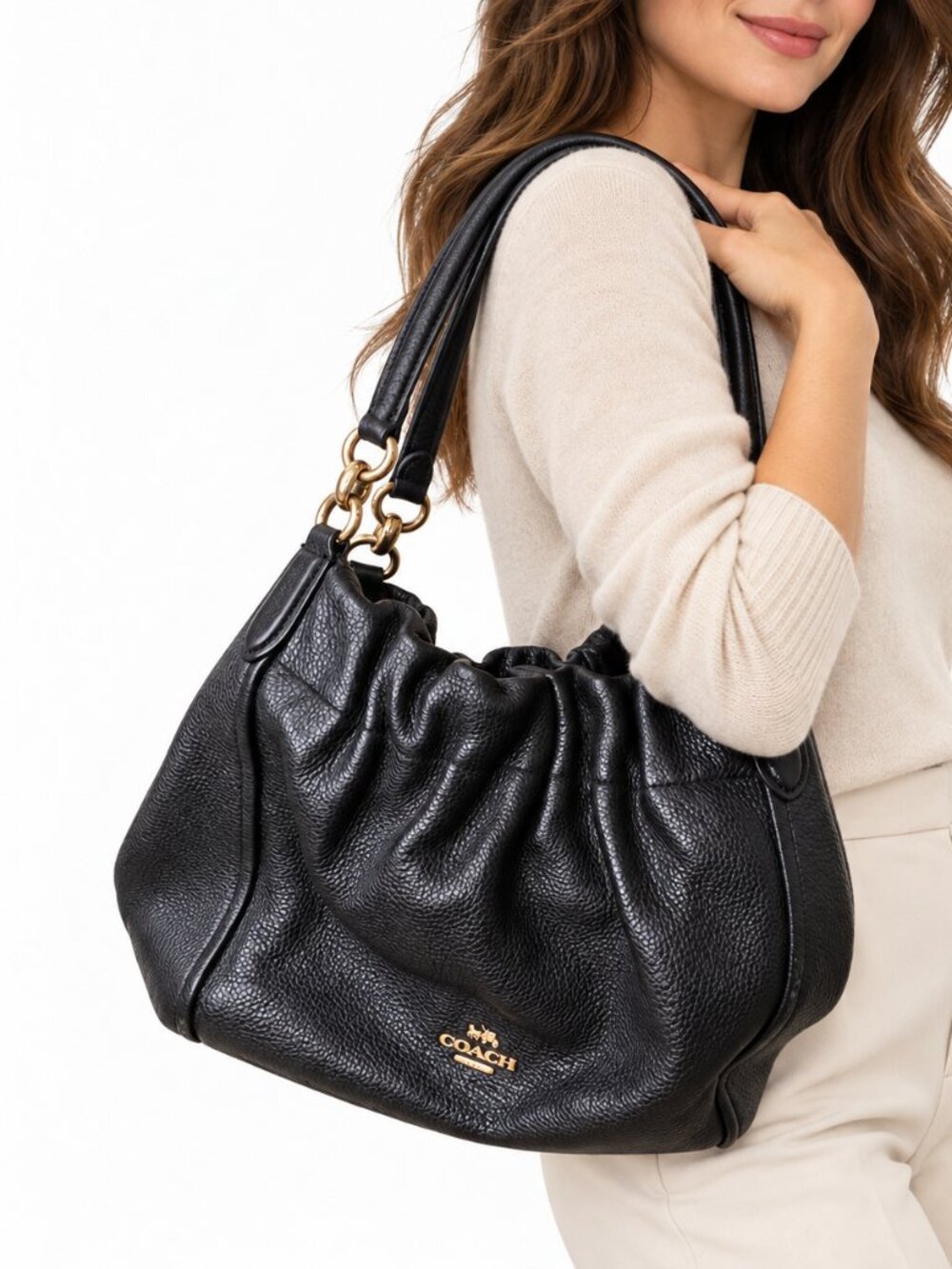 Coach Black Pebbled Leather Slouchy Hobo Shoulder Bag Gold Hardware